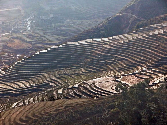 Terraced rice paddies in the dry season...